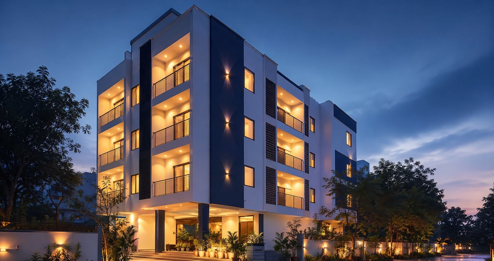 Aadhya Living residence at dusk